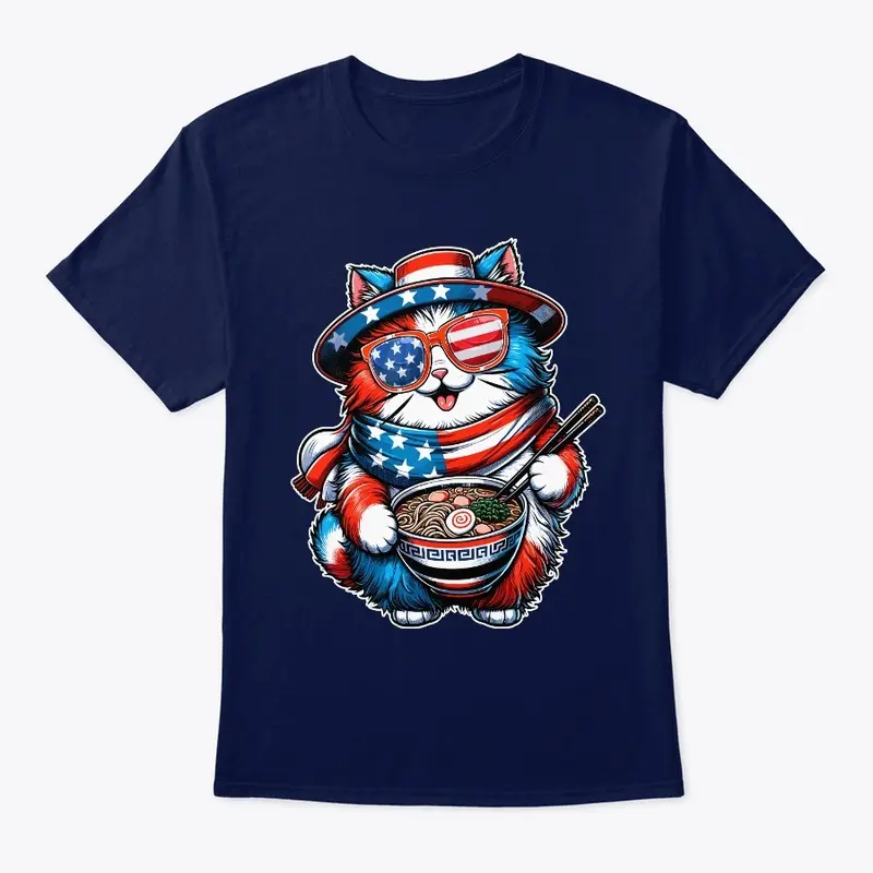 Cat Eating Ramen 4th of July USA Flag.